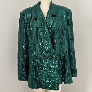 Vintage Diane Gilman 1X Emerald Green Double Breasted Sequin Blazer Lined